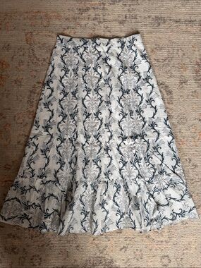 Floral White and Navy A-Line Skirt